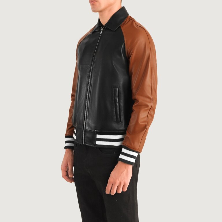 Mens Walton Black & Brown Leather Varsity Jacket Side Pose-3-1704121330497